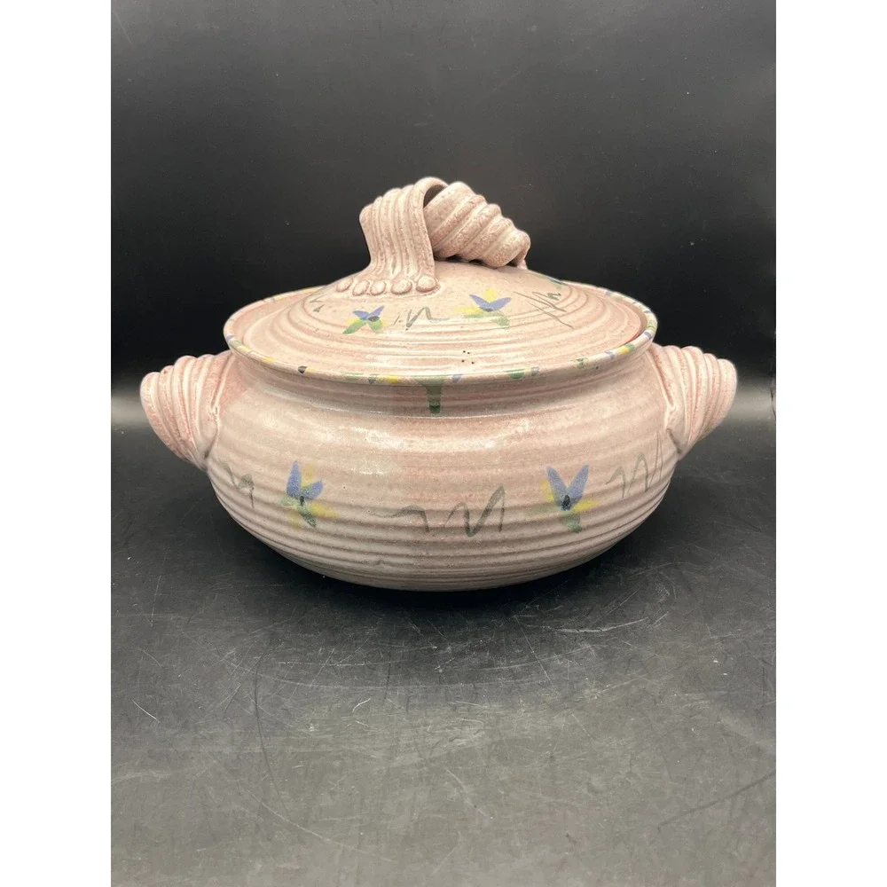 Vtg. Clay Pottery Studio Art Casserole Dish w/ Lid Hand Painted 11x9x6